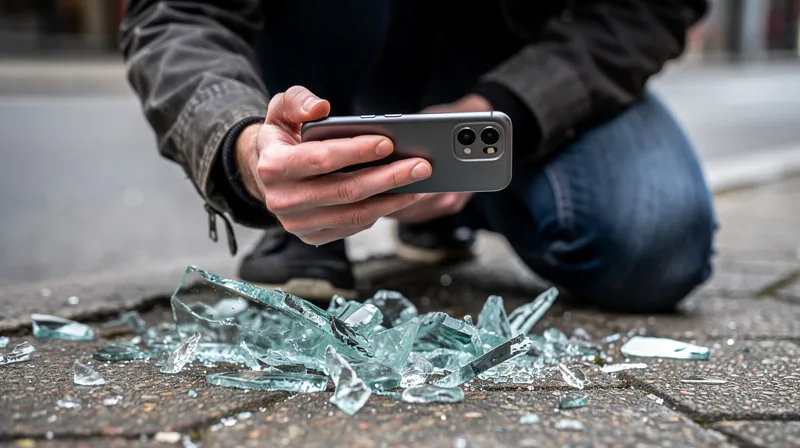 Person taking photos of broken glass evidence.