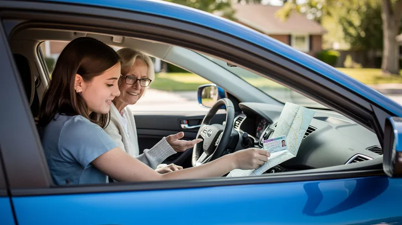 A teenage driver holding a learner's permit in a car with a parent in the passenger seat.