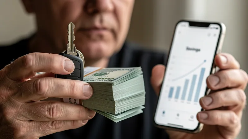 Person holding car key and cash while looking at a phone.