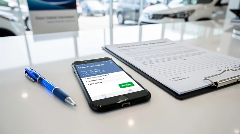 A smartphone screen showing an insurance policy on a dealership counter with a pen and clipboard.