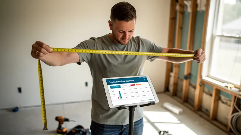 Homeowner measuring a room while looking at a tablet showing cost estimates.