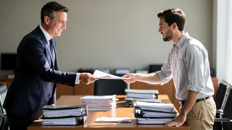 Two business people shaking hands over a document on a desk.