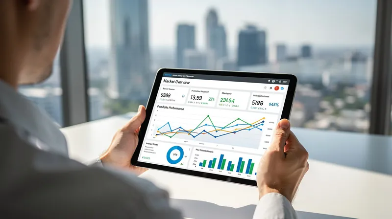 Person looking at a tablet displaying financial data and graphs in an office.