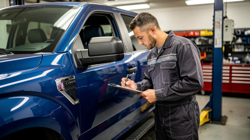Mechanic inspecting VIN plate on pickup truck
