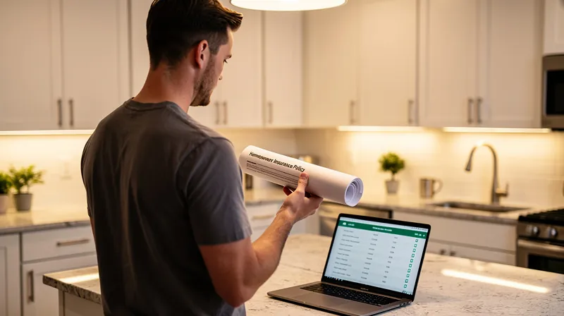Person reviewing homeowners insurance policy in a kitchen