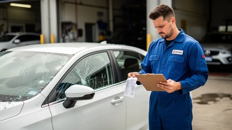 Mechanic inspecting a broken car window.
