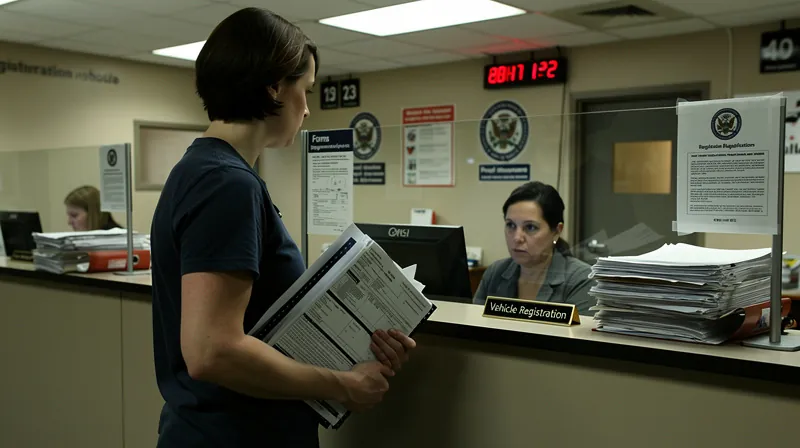 A person standing at a DMV counter holding paperwork and looking at a clerk.