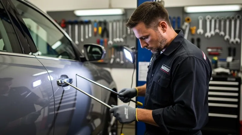 Mechanic performing paintless dent repair on a car.