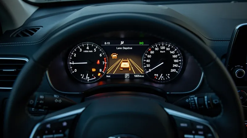 Interior dashboard of a compact SUV showing safety technology displays.
