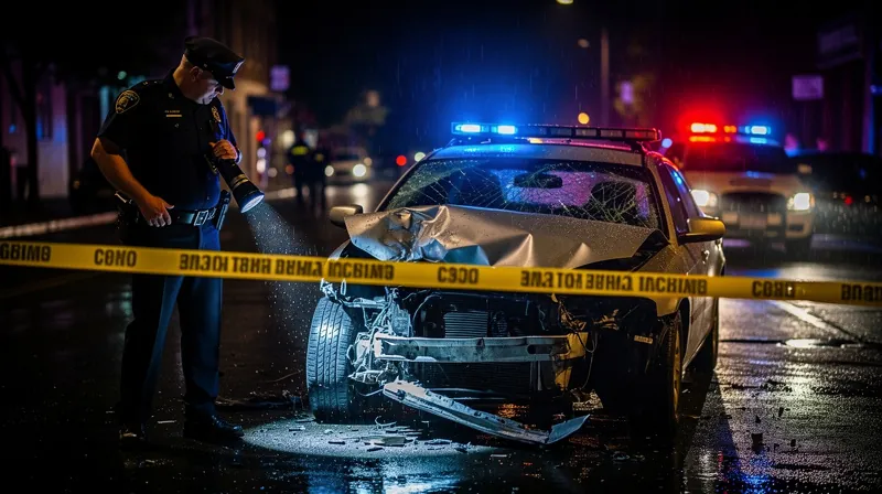 Police officer examining a wrecked car at night with emergency lights