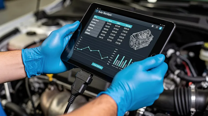 A mechanic using a tablet to check car diagnostics and repair costs.