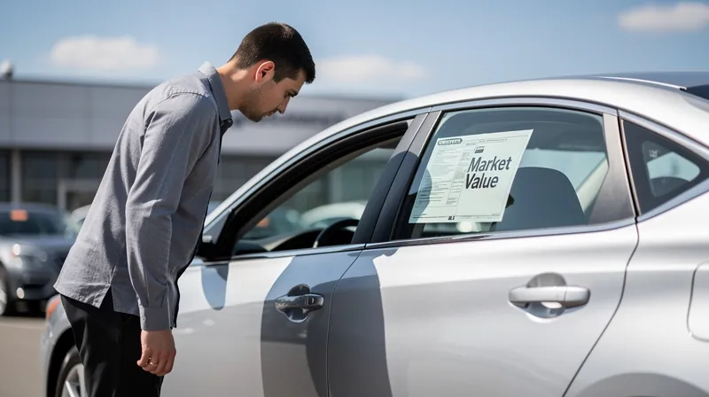 Person standing next to a car looking at a price tag.