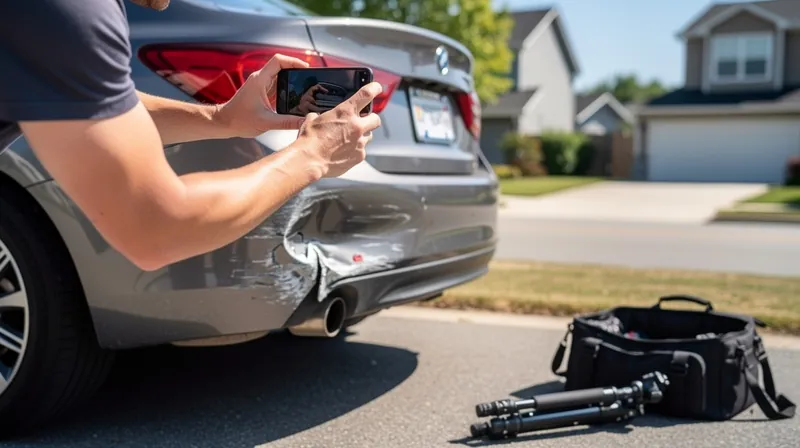 A person taking a photo of car bumper damage using a smartphone.