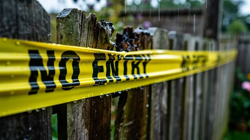 A yellow 'No Entry' caution tape wrapped around a water-damaged fence, symbolizing insurance exclusions.