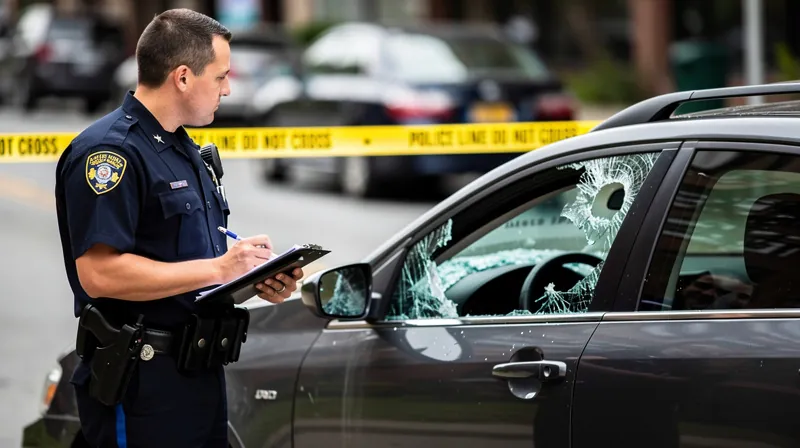 Police officer inspecting a car with a broken window near yellow caution tape.