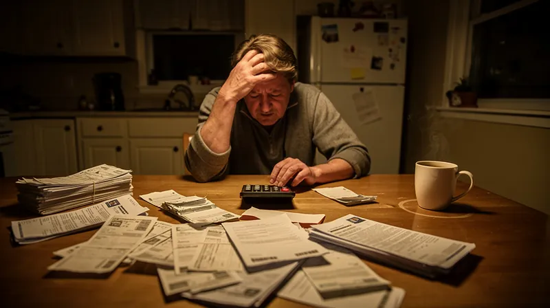 Person stressed looking at bills and calculator at kitchen table