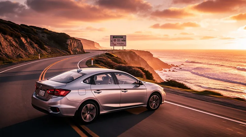 A silver sedan driving along a coastal highway at sunset with a border sign in the distance.