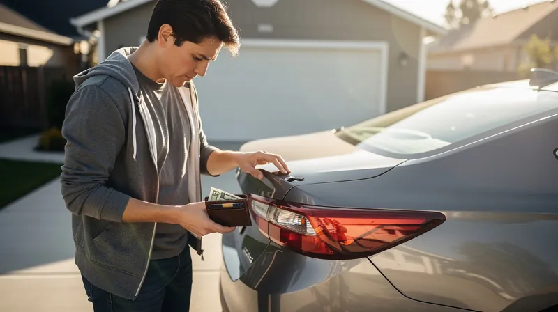 Person looking at a car scratch and holding a wallet in a driveway.