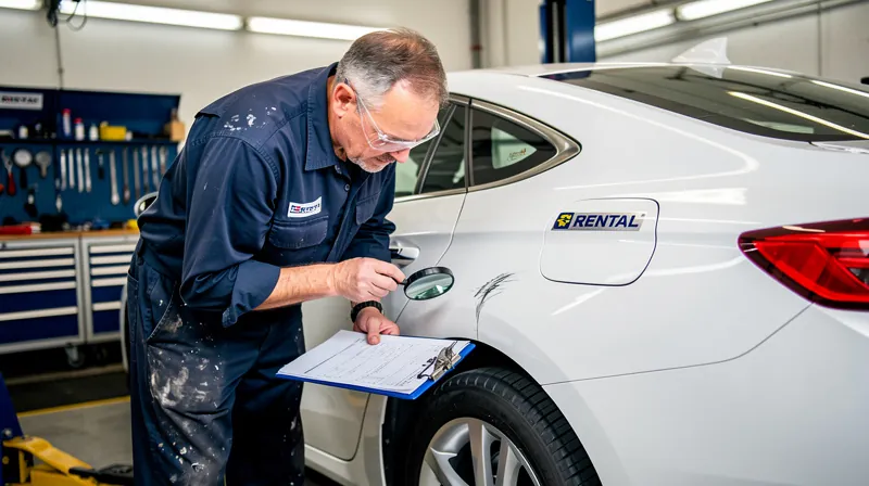 A mechanic inspecting a scratch on a car tire.