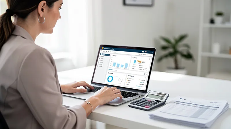 A woman reviewing an insurance dashboard on a laptop at a home office desk.