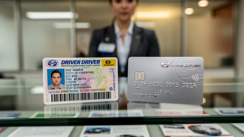 A driver's license and a credit card resting on the glass counter of a car rental booth.