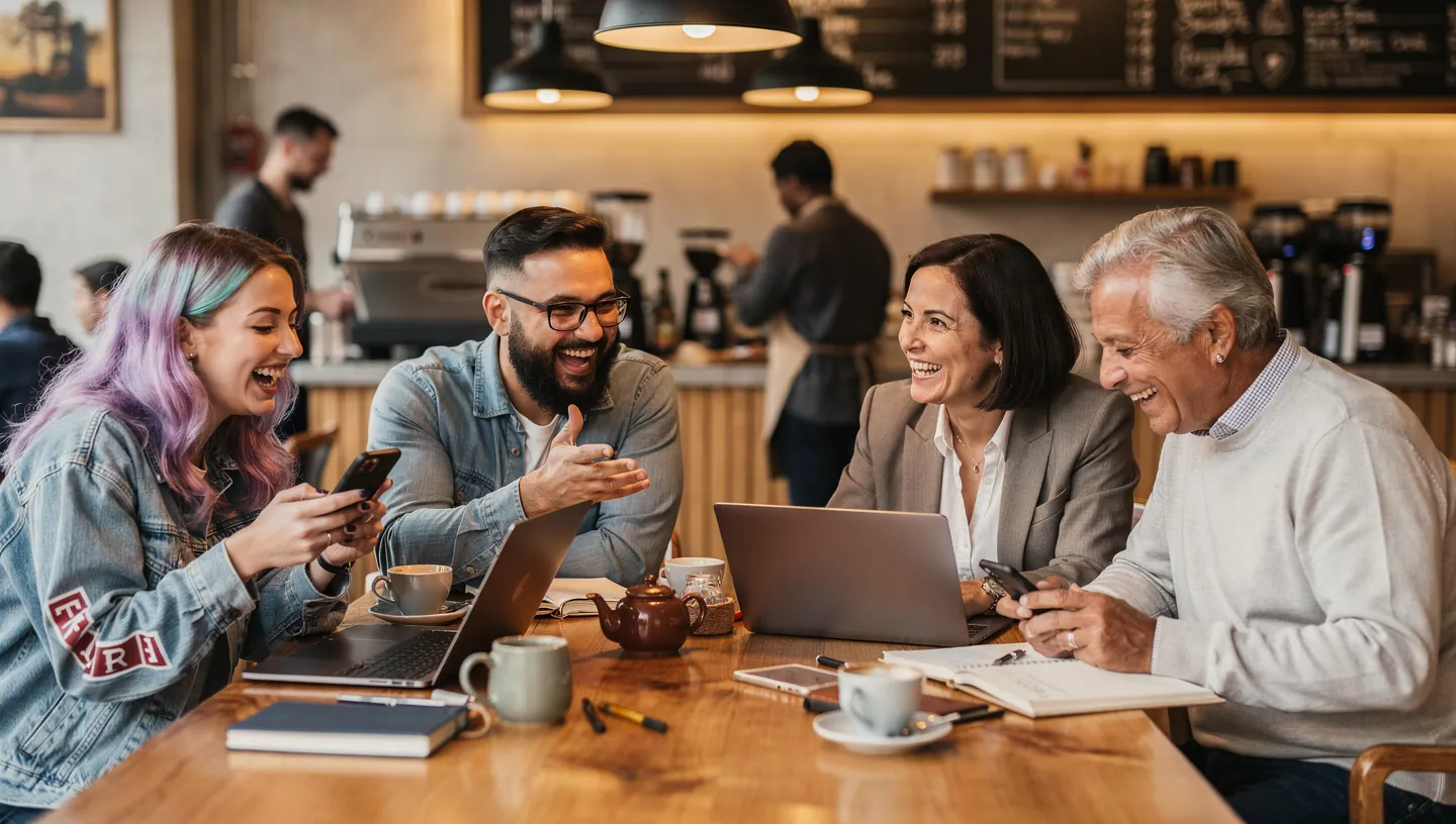 A diverse group of people of different ages at a coffee shop table.