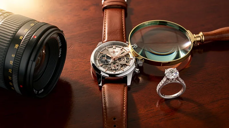 Luxury items on a desk with a magnifying glass