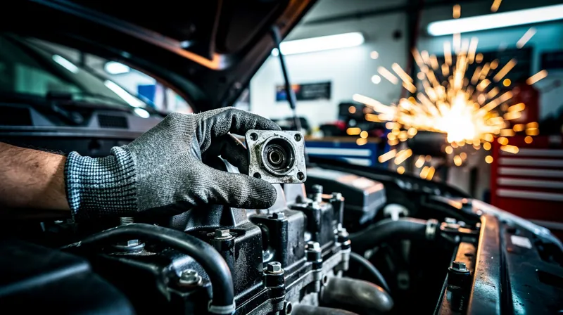 Mechanic's hand working on a car engine in a garage.