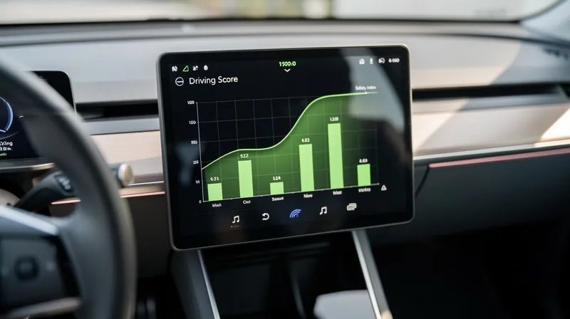 A close-up of a car dashboard showing a digital driving score graph.