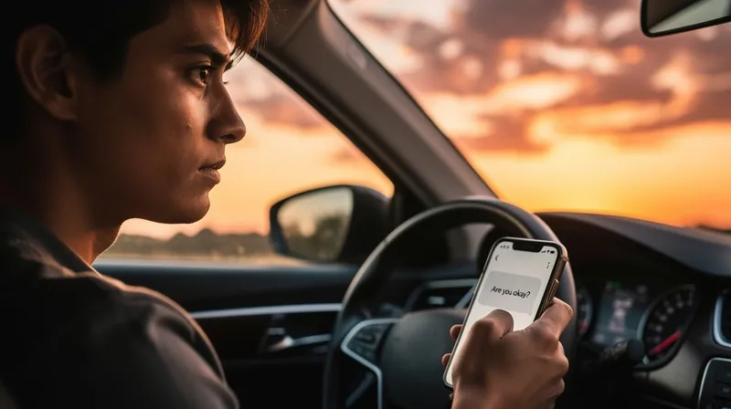 Person sitting in a car looking out the window at sunset.