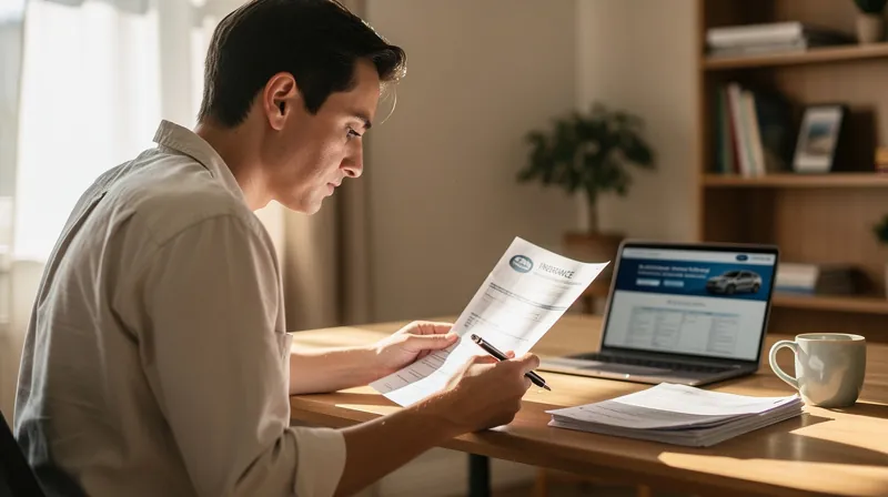 A person reviewing a printed car insurance policy document at a desk in a sunlit home office.