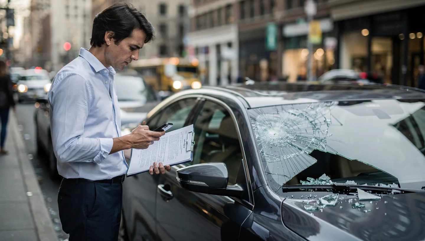 Person holding a smartphone and legal folder next to a car with a shattered side window.