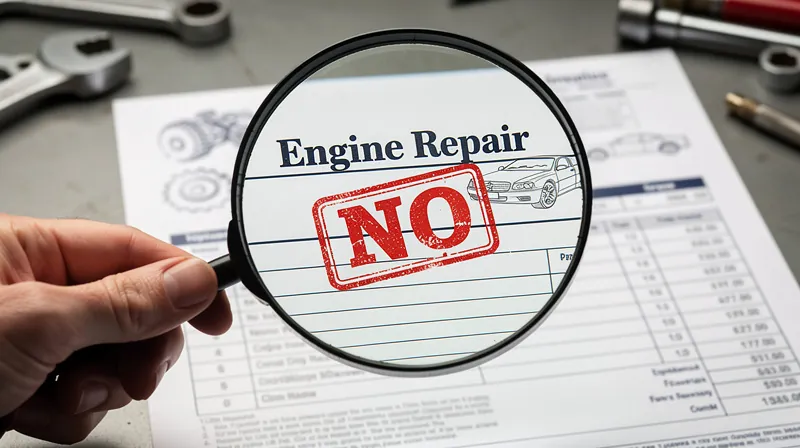 A hand holding a magnifying glass over a mechanic's invoice stamped with 'NO'.