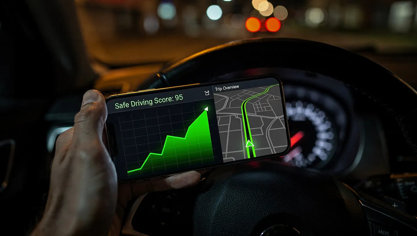 A smartphone displaying a driving app with a safe driving score while driving.