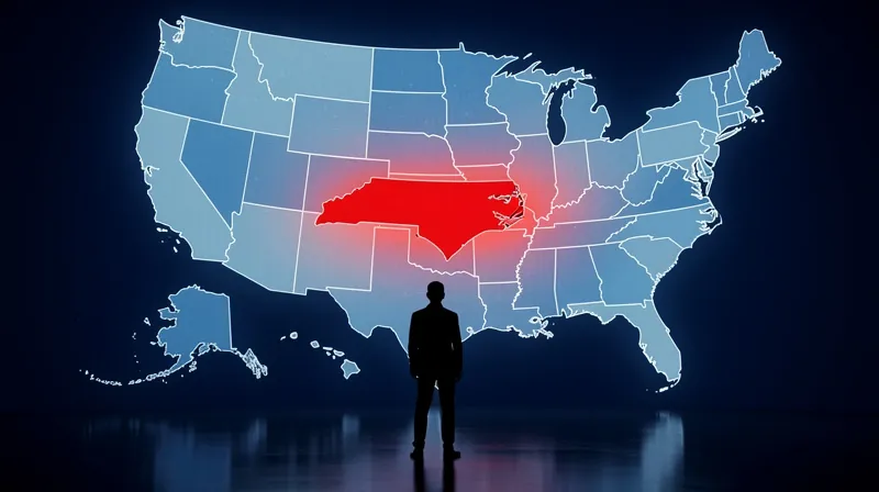 A silhouette of a person looking at a map of the USA highlighting North Carolina.