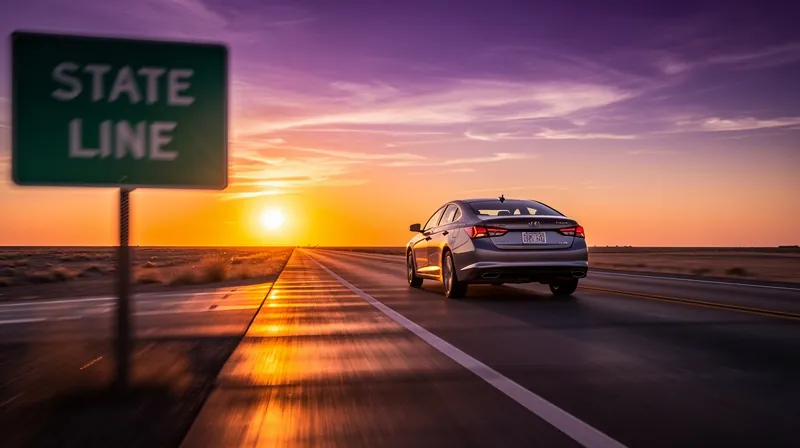 Car driving on a highway at sunset with a blurred state line sign in the foreground.
