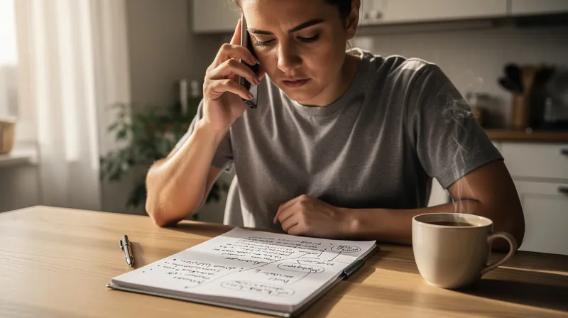 A person discussing a home insurance claim on the phone while taking notes on a notepad.