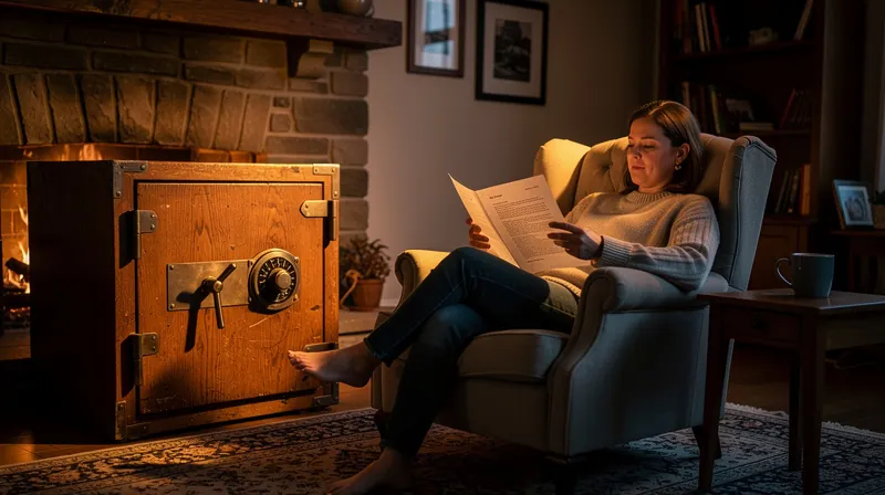Person relaxing by a fireplace with a safe in the background