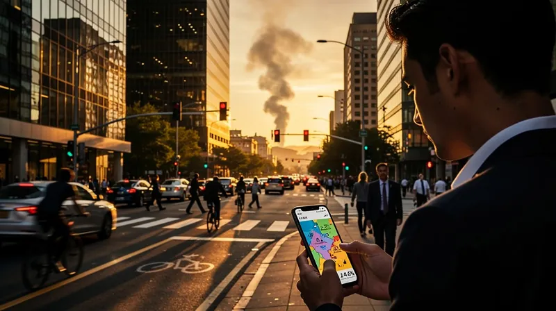 A city street scene at sunset with smoke on the horizon, a person looking at a smartphone map.