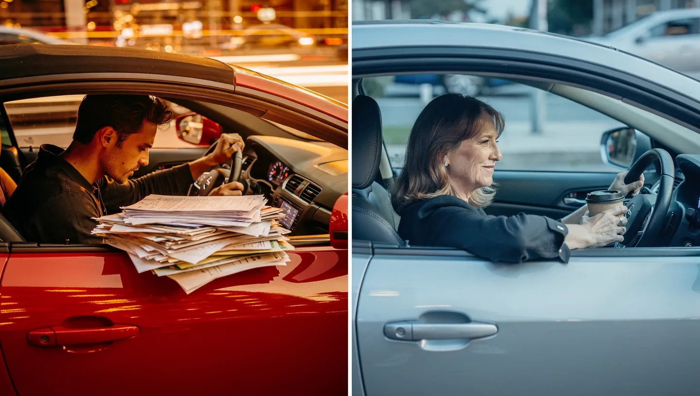 A comparison of a young driver and an older driver in their respective cars.