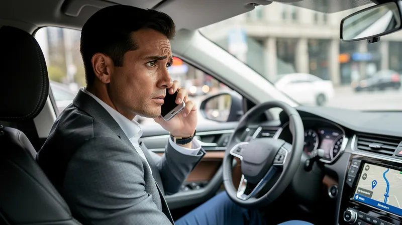 A person in a rental car checking their phone while driving.