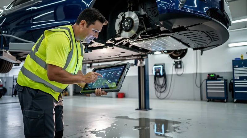 Mechanic inspecting the undercarriage of an electric vehicle.