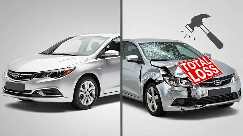 A split-screen comparison of a car on the left and the same car marked for total loss on the right.
