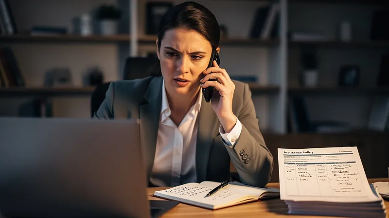 Professional on a phone call about insurance policies while looking at documents on a desk.