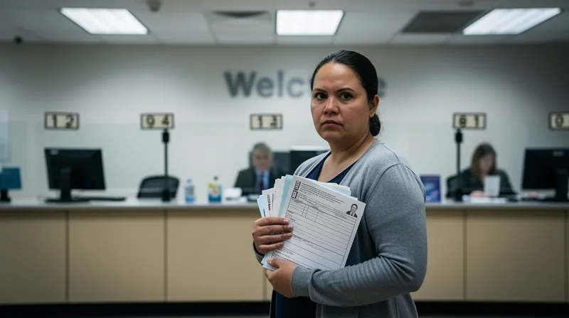 A person standing at a DMV counter holding paperwork.
