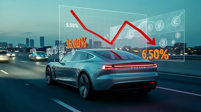 A sleek electric vehicle driving on a highway with a visual indicator of rapid value drop.