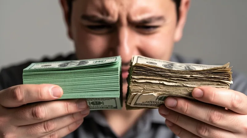 A person holding two stacks of money, one new and one worn, to symbolize the difference between replacement cost and actual cash value.