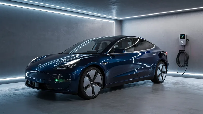 Electric vehicle parked in a modern garage.