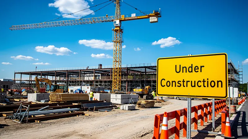 Construction site with a crane and 'under construction' sign.