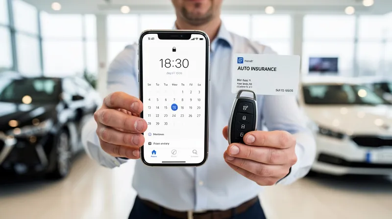 Person holding an insurance card and car keys while looking at a phone clock.